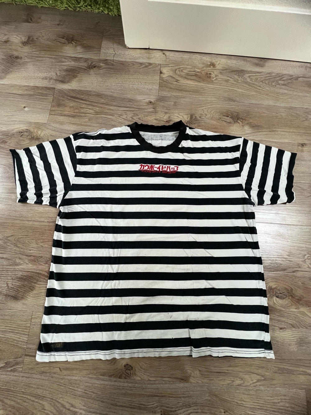 Distressed Cowboy Beebop Black & White Striped Tee with Red Embroidery
